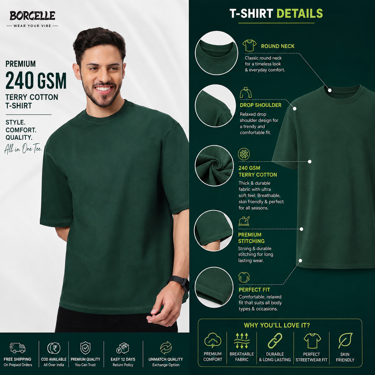 "GoScoot Printed Oversized T-Shirt – Bottle Green, 240 GSM Cotton"