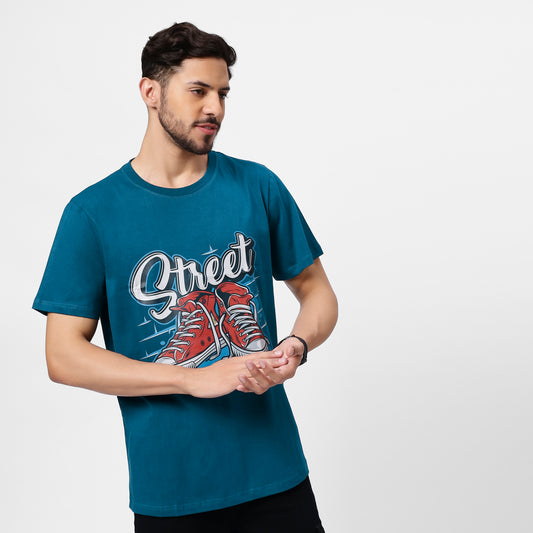 Men's Teal Blue Street Graphic Printed T-Shirt | 180 GSM Pure Cotton Bio-Wash Tee