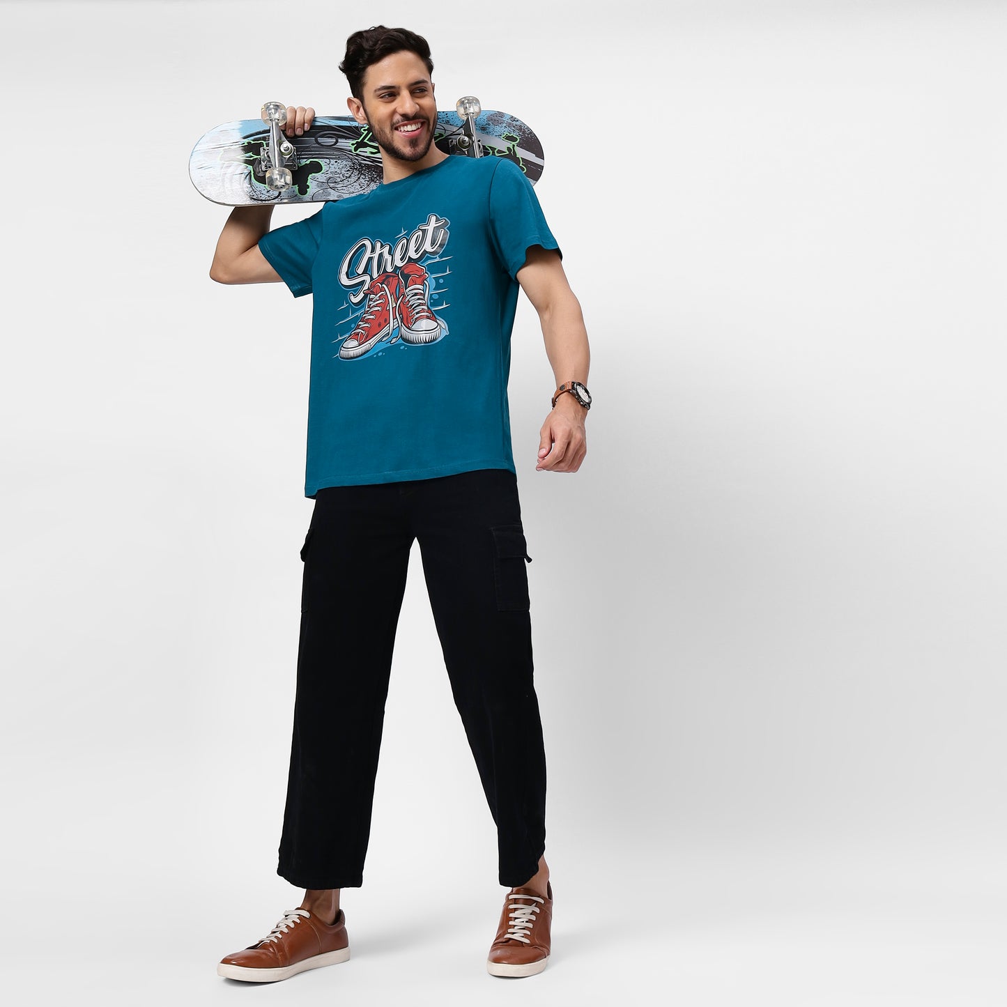Men's Teal Blue Street Graphic Printed T-Shirt | 180 GSM Pure Cotton Bio-Wash Tee