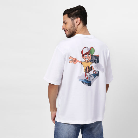 White Graphic Print Oversized Tee for Men – Retro Skater Cartoon Design