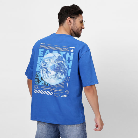 YAIL Men's Blue Oversized Earth Print T-Shirt | 240 GSM Cotton