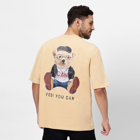 Beige Oversized Tee | Yes You Can Bear Graphic Back Print | Y2K Streetwear Statement Fit