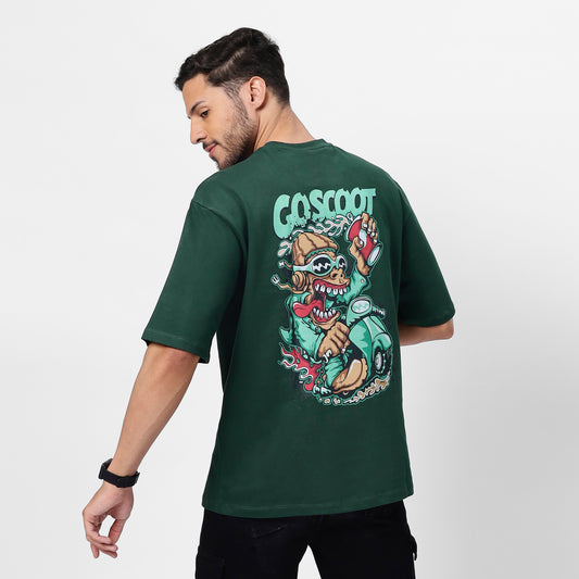 "GoScoot Printed Oversized T-Shirt – Bottle Green, 240 GSM Cotton"