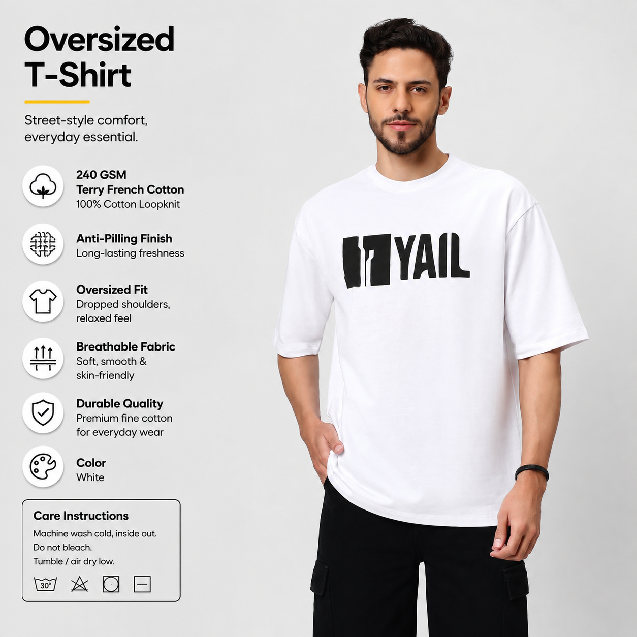 Premium White Oversized T-Shirt for Men | 240 GSM Terry Cotton | YAIL Clothing