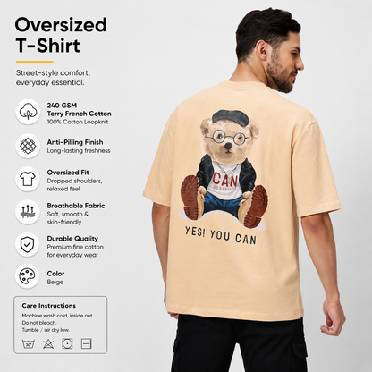 YAIL™ Yes You Can Teddy Oversized Tee - Beige | 240 GSM French Terry