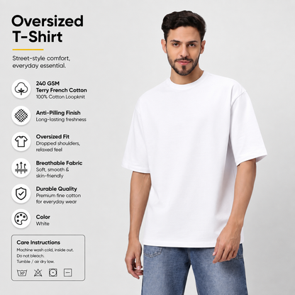 Retro Skater Oversized T-Shirt – White | 240 GSM French Terry | YAIL