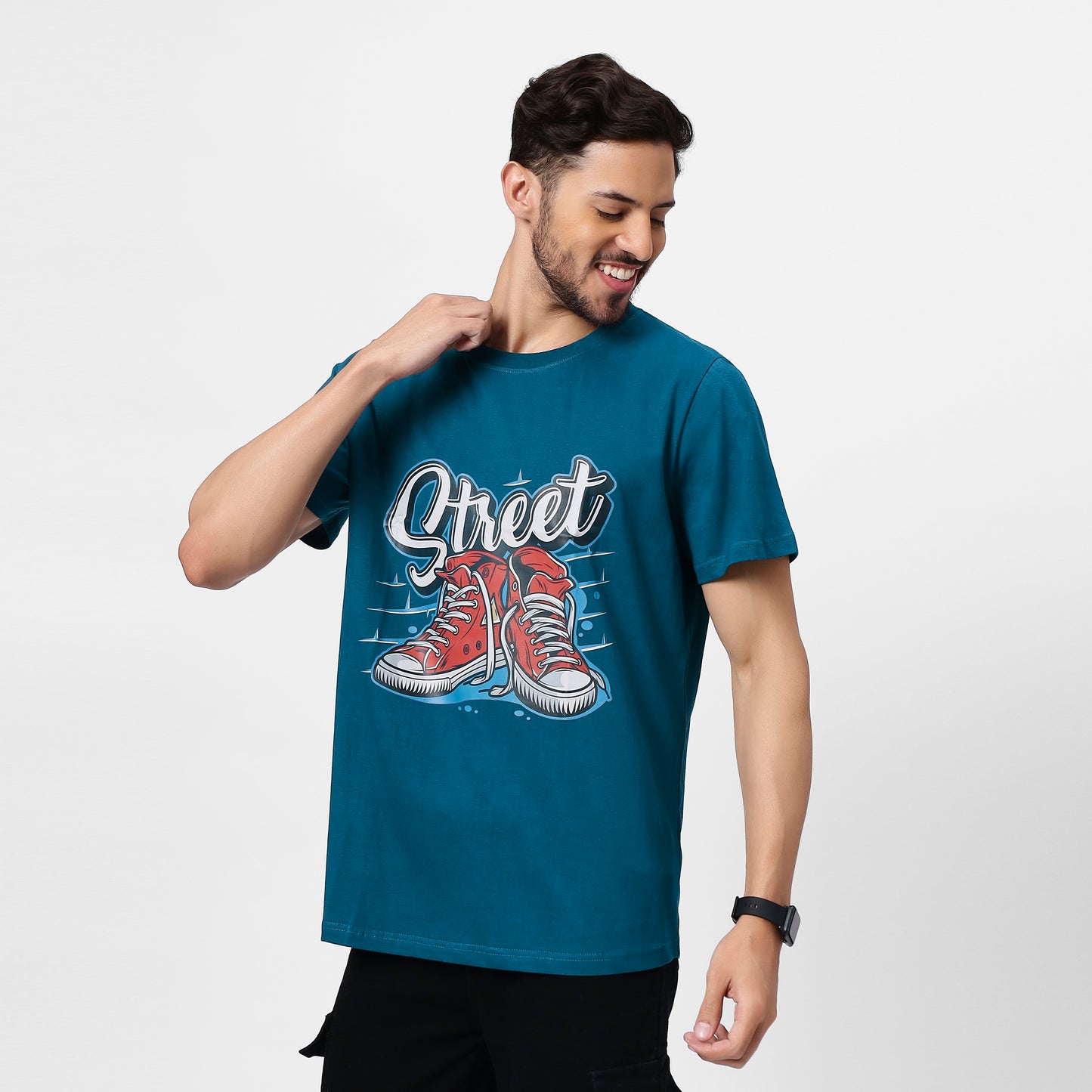 Men's Teal Blue Street Graphic Printed T-Shirt | 180 GSM Pure Cotton Bio-Wash Tee