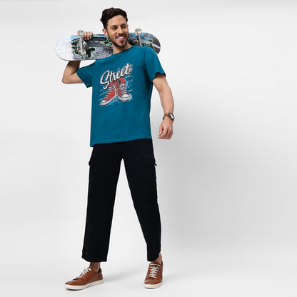 Men's Teal Blue Street Graphic Printed T-Shirt | 180 GSM Pure Cotton Bio-Wash Tee