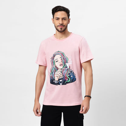 YAIL™ Baby Pink Pop Art Tee - 180 GSM Bio Wash Soft Cotton Regular Fit
