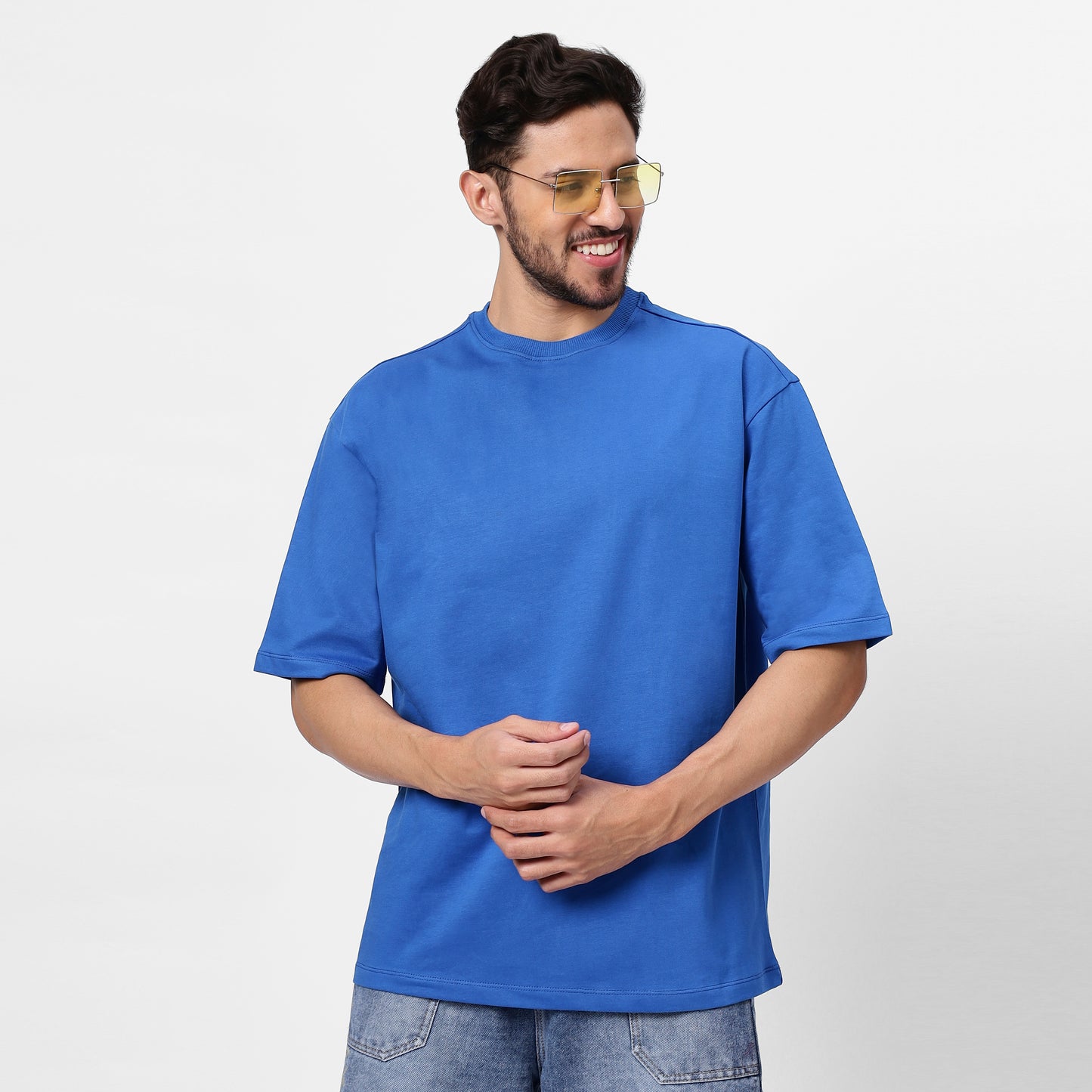 YAIL Men's Blue Oversized Earth Print T-Shirt | 240 GSM Cotton