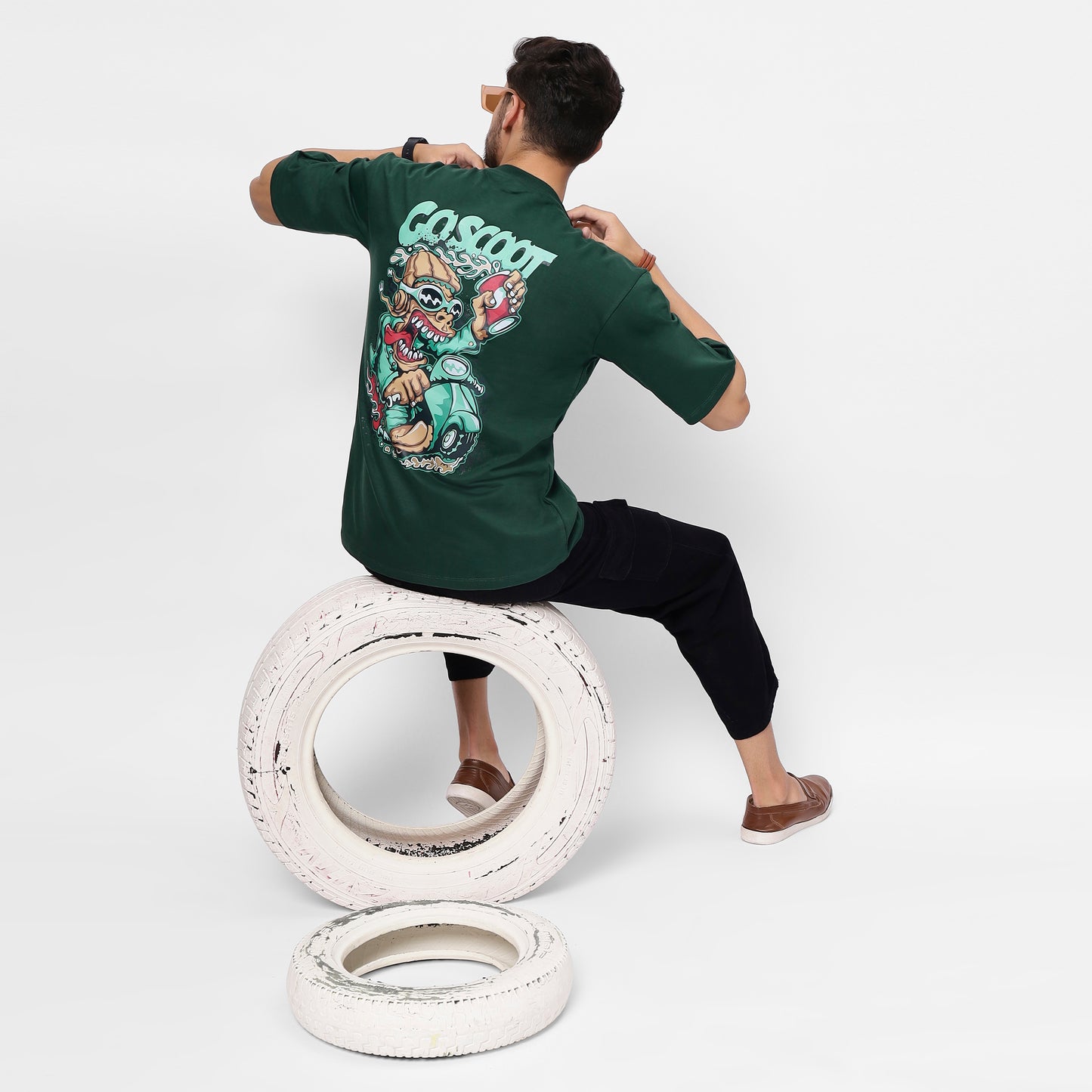 "GoScoot Printed Oversized T-Shirt – Bottle Green, 240 GSM Cotton"