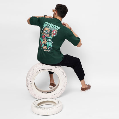 "GoScoot Printed Oversized T-Shirt – Bottle Green, 240 GSM Cotton"