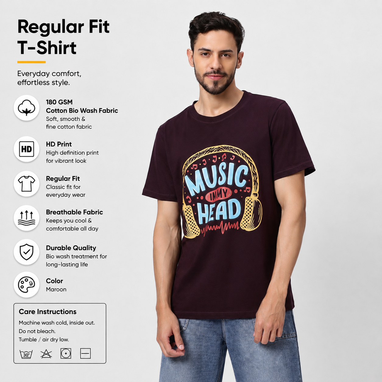 YAIL Music In My Head Tee - Wine - 180 GSM