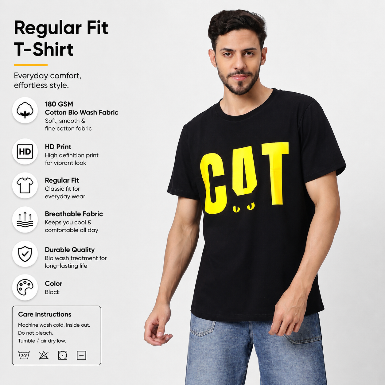 CAT Graphic Black T-Shirt for Men - 180 GSM | YAIL Clothing
