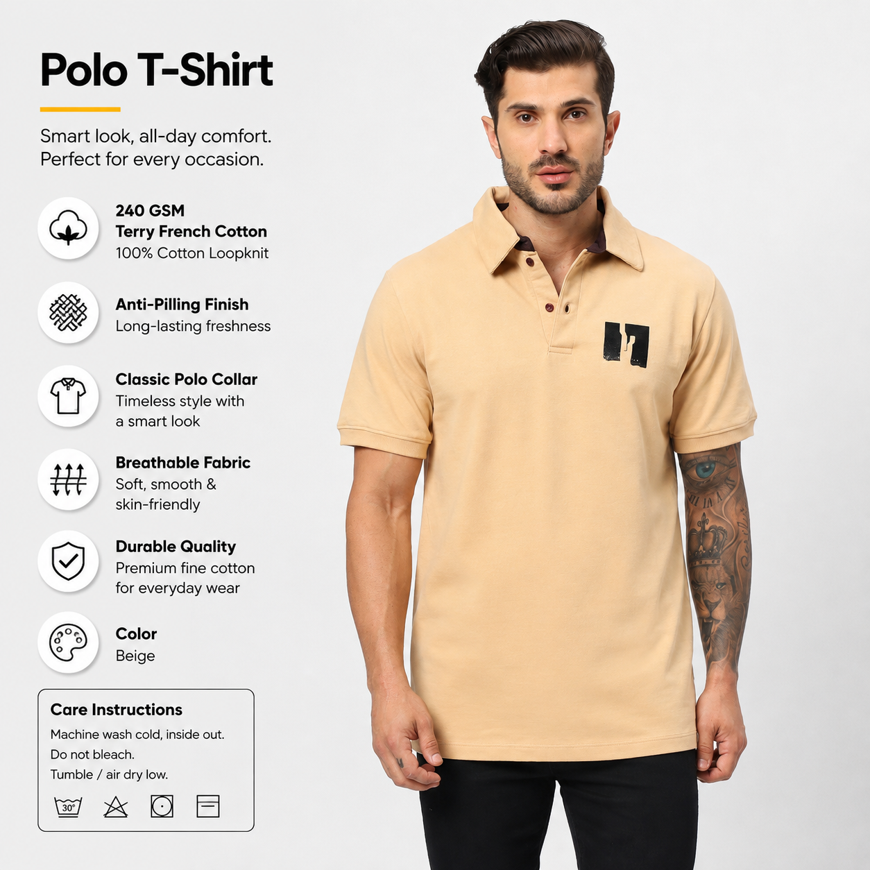 Men’s Beige 240 GSM French Terry Polo T-Shirt