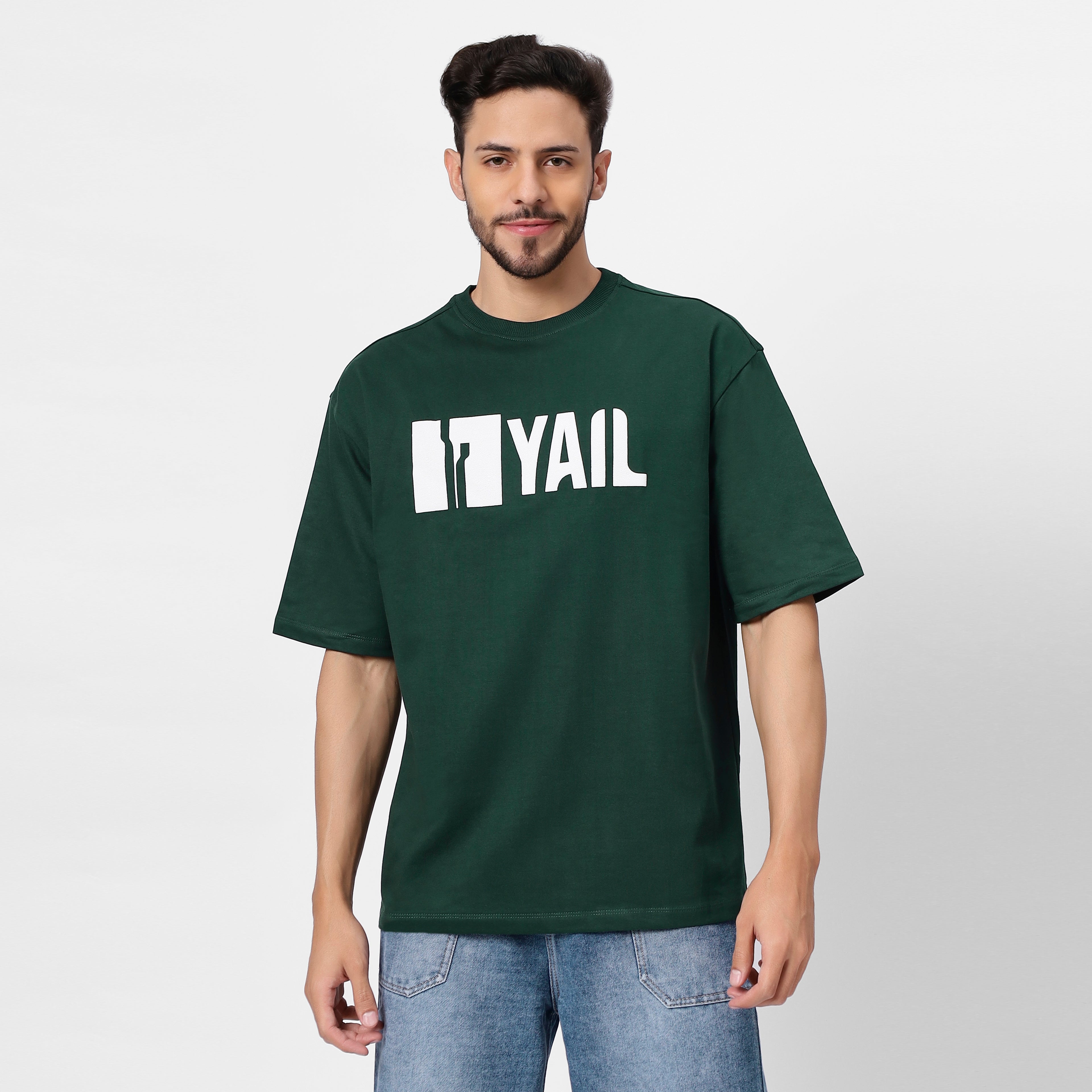 "Bottle Green Oversized Tee – Green Monster Graphic, 240 GSM French Terry Cotton"