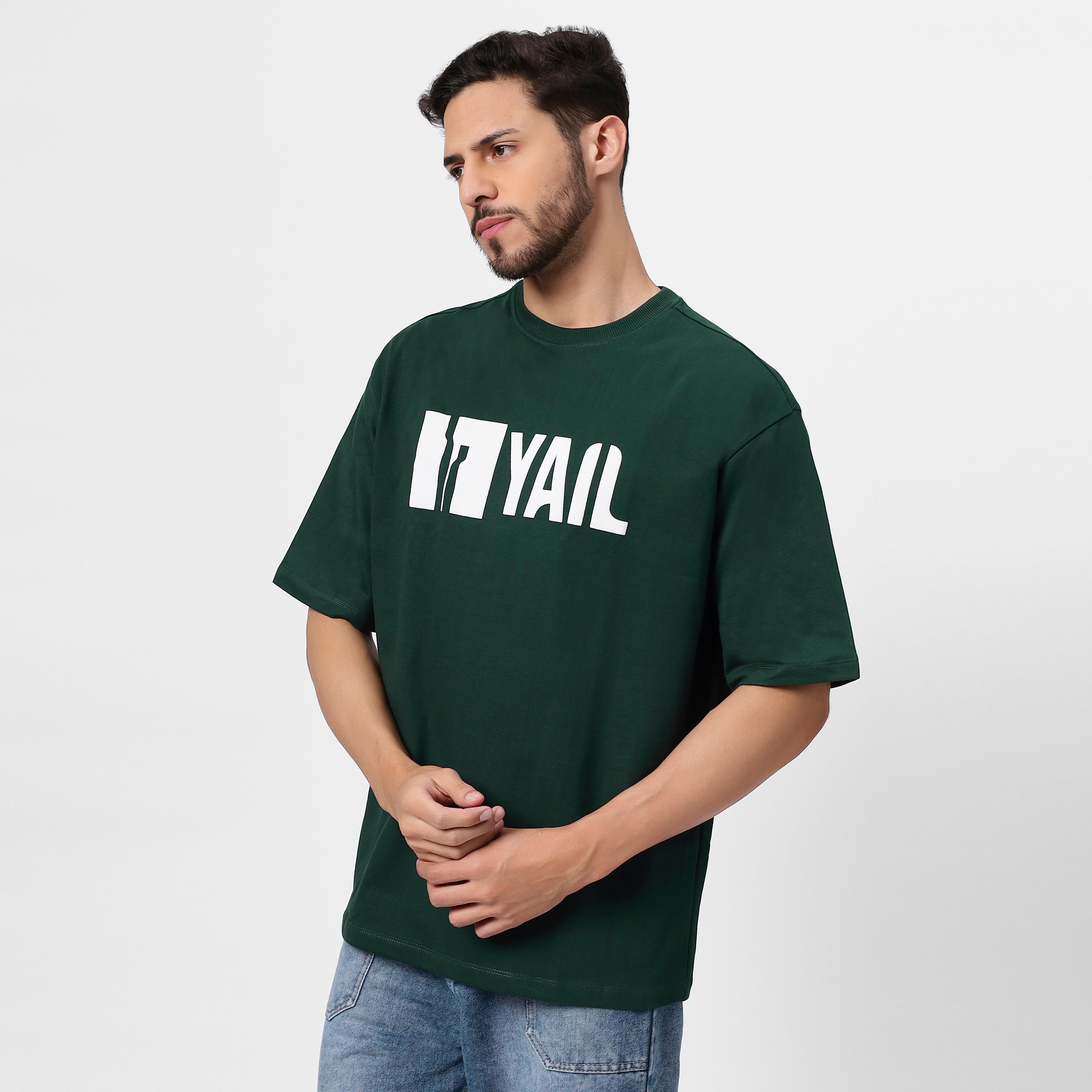 "Bottle Green Oversized Tee – Green Monster Graphic, 240 GSM French Terry Cotton"