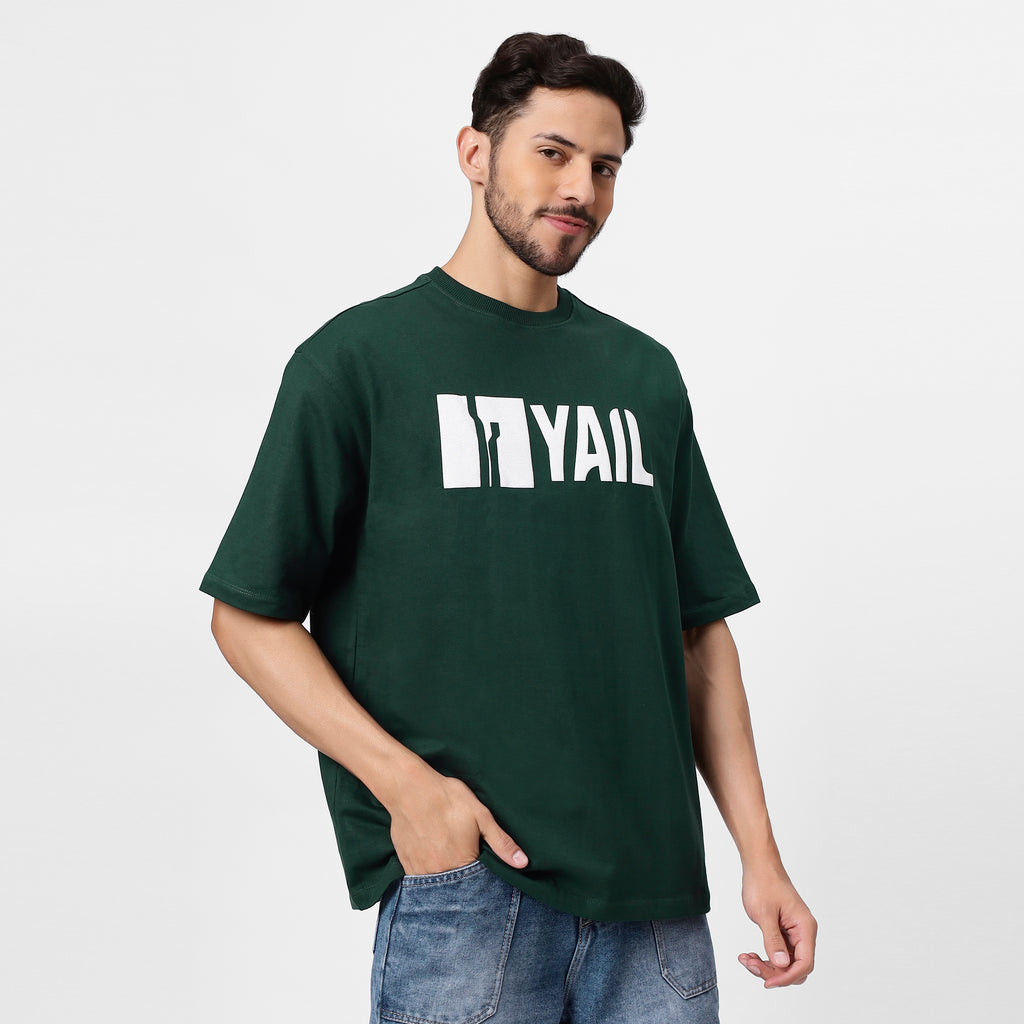 "Bottle Green Oversized Tee – Green Monster Graphic, 240 GSM French Terry Cotton"