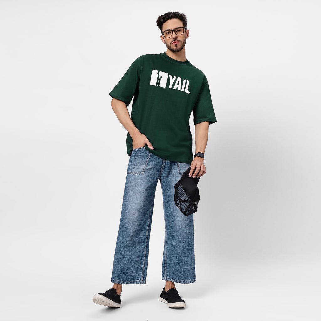 "Bottle Green Oversized Tee – Green Monster Graphic, 240 GSM French Terry Cotton"