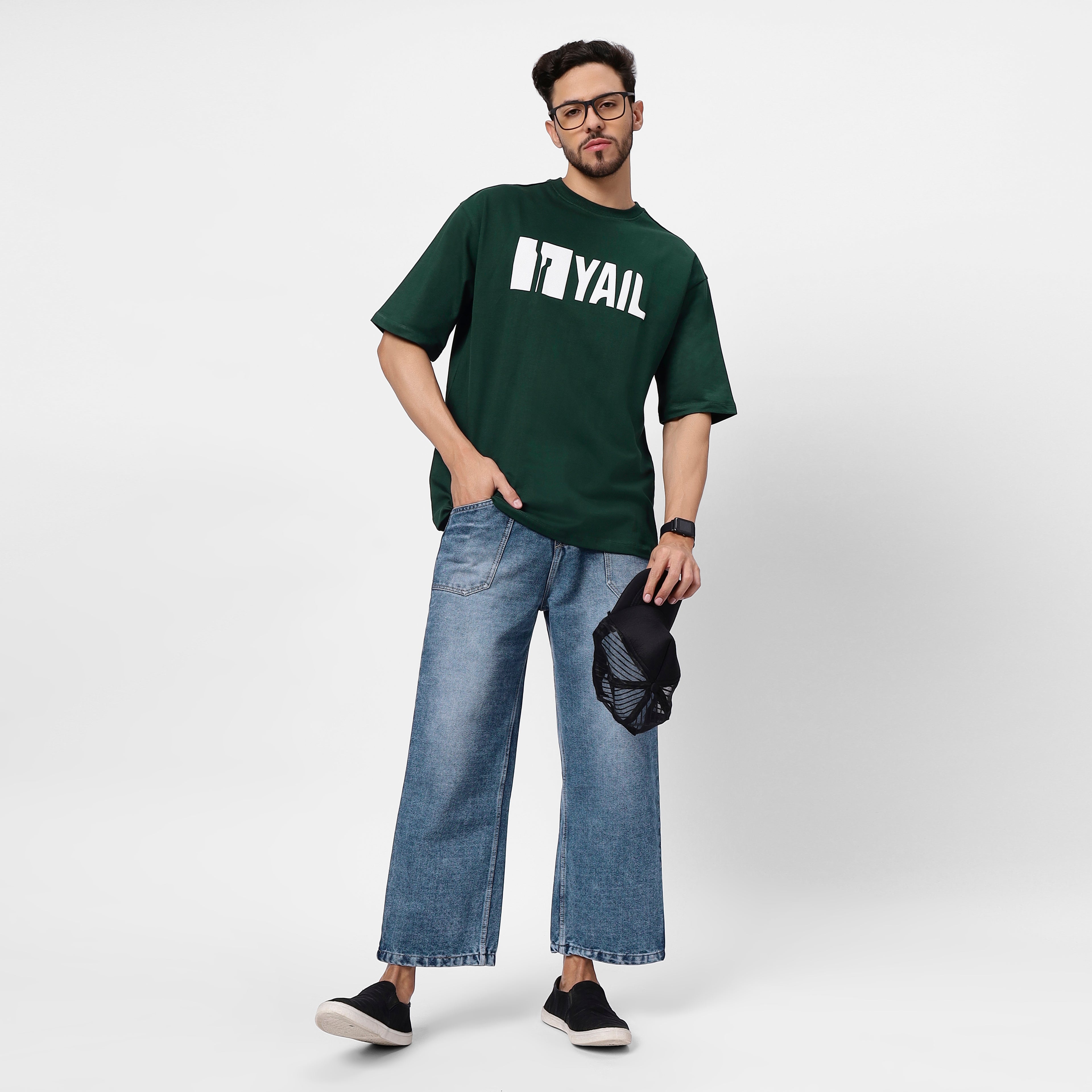 "Bottle Green Oversized Tee – Green Monster Graphic, 240 GSM French Terry Cotton"