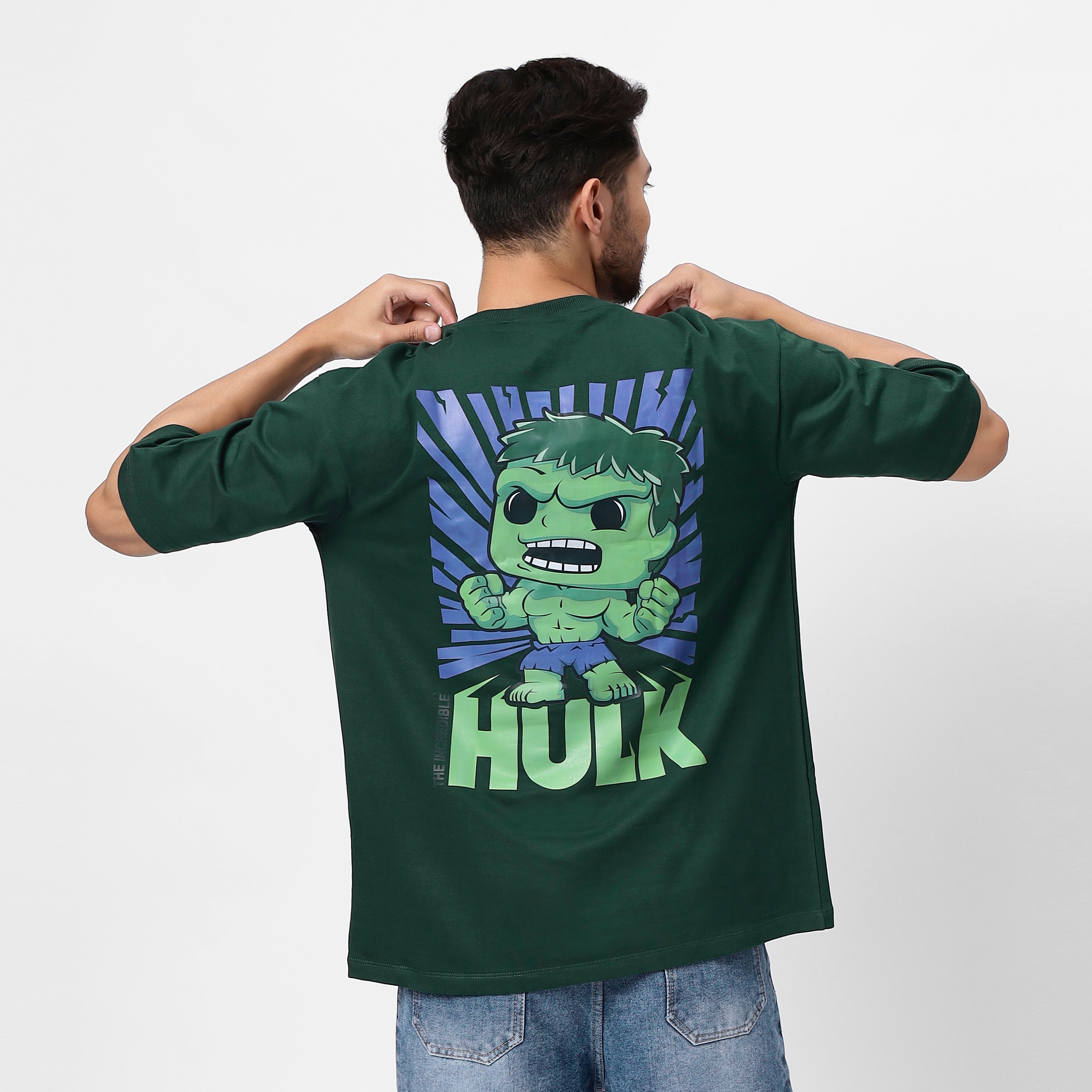 "Bottle Green Oversized Tee – Green Monster Graphic, 240 GSM French Terry Cotton"