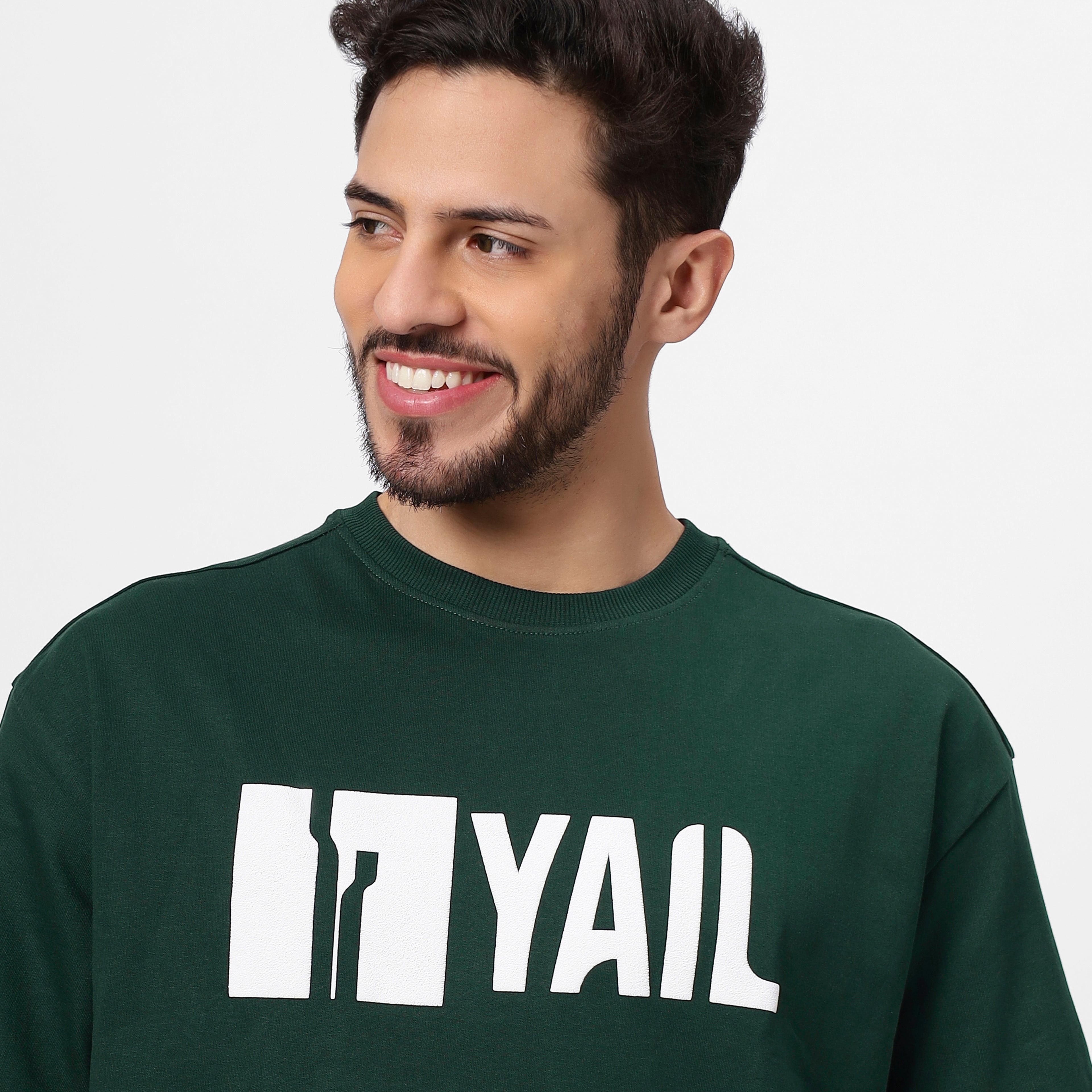 "Bottle Green Oversized Tee – Green Monster Graphic, 240 GSM French Terry Cotton"